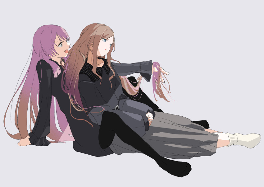 2girls, bang_dream!, bang_dream!_it's_mygo!!!!!, belt_buckle, between_legs, black_pantyhose, blue_eyes, brown_hair, buckle, chihaya_anon, collarbone, commentary_request, dress, fang, full_body, gradient_hair, grey_background, grey_dress, grey_eyes, grey_sweater, highres, kushima_yu, long_hair, long_sleeves, multicolored_hair, multiple_girls, nagasaki_soyo, no_shoes, open_mouth, pantyhose, pink_hair, sidelocks, simple_background, sitting, socks, sweater, white_socks, yuri