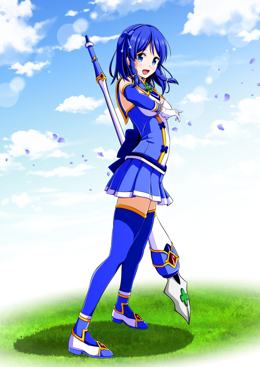 1girl, absurdres, ankle_boots, arched_back, back_bow, bare_shoulders, blue_bow, blue_dress