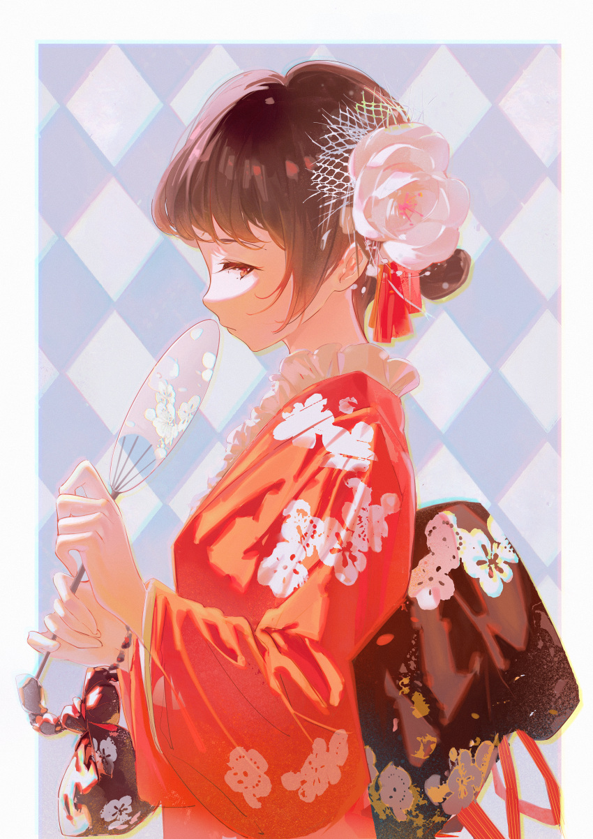 1girl, absurdres, bag, blunt_bangs, border, brown_hair, chromatic_aberration, commentary