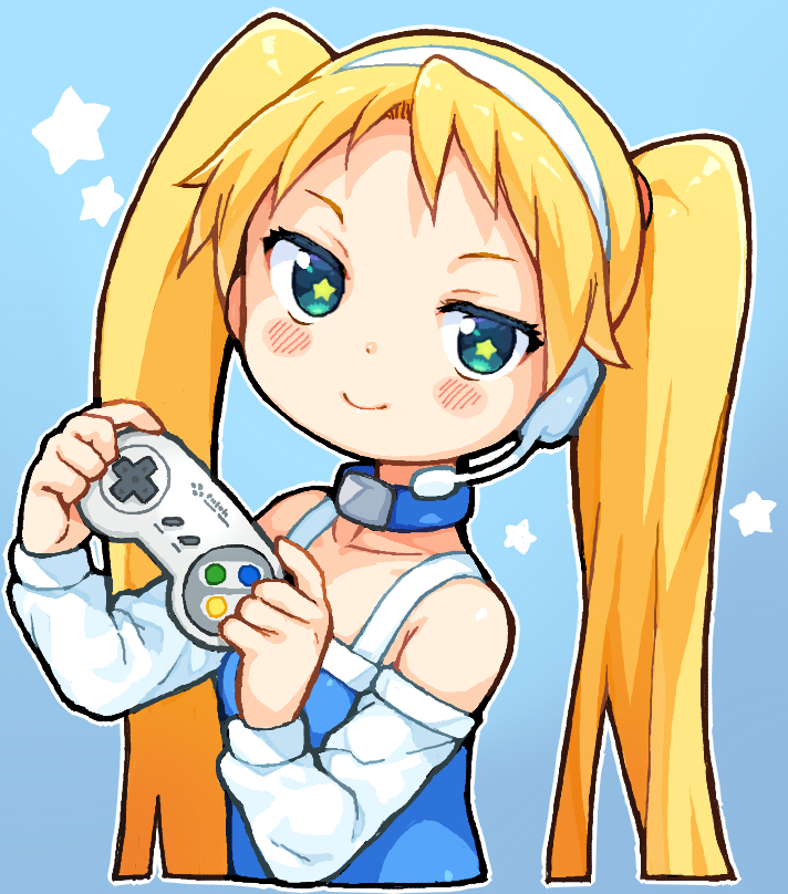 1girl, bachera, bare_shoulders, blonde_hair, blue_background, blue_choker, blue_dress, blue_eyes