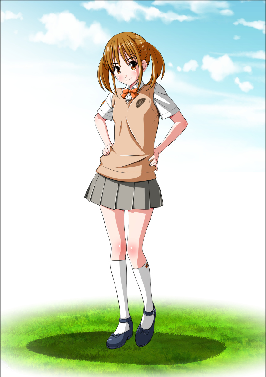 1girl, absurdres, black_eyebrows, blush, body_blush, bow, breasts, brown_eyes, brown_hair, brown_sweater_vest, buttons, choppy_bangs, closed_mouth, collared_shirt, crest, full_body, grass, grey_skirt, hair_behind_ear, hands_on_own_hips, highres, kneehighs, koeda0111, looking_at_viewer, mary_janes, medium_hair, miniskirt, original, pleated_skirt, school_uniform, shirt, shoes, short_sleeves, sidelocks, skirt, sky, slim_legs, small_breasts, smile, socks, solo, standing, straight-on, sweater_vest, t-shirt, tendou_erika, twintails, white_shirt, white_socks, yotsuba_no_senki_clover_rose