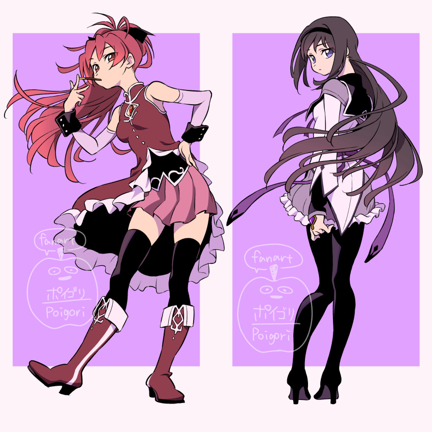 2girls, absurdres, akemi_homura, antenna_hair, artist_name, back_bow, bare_shoulders, black_bow