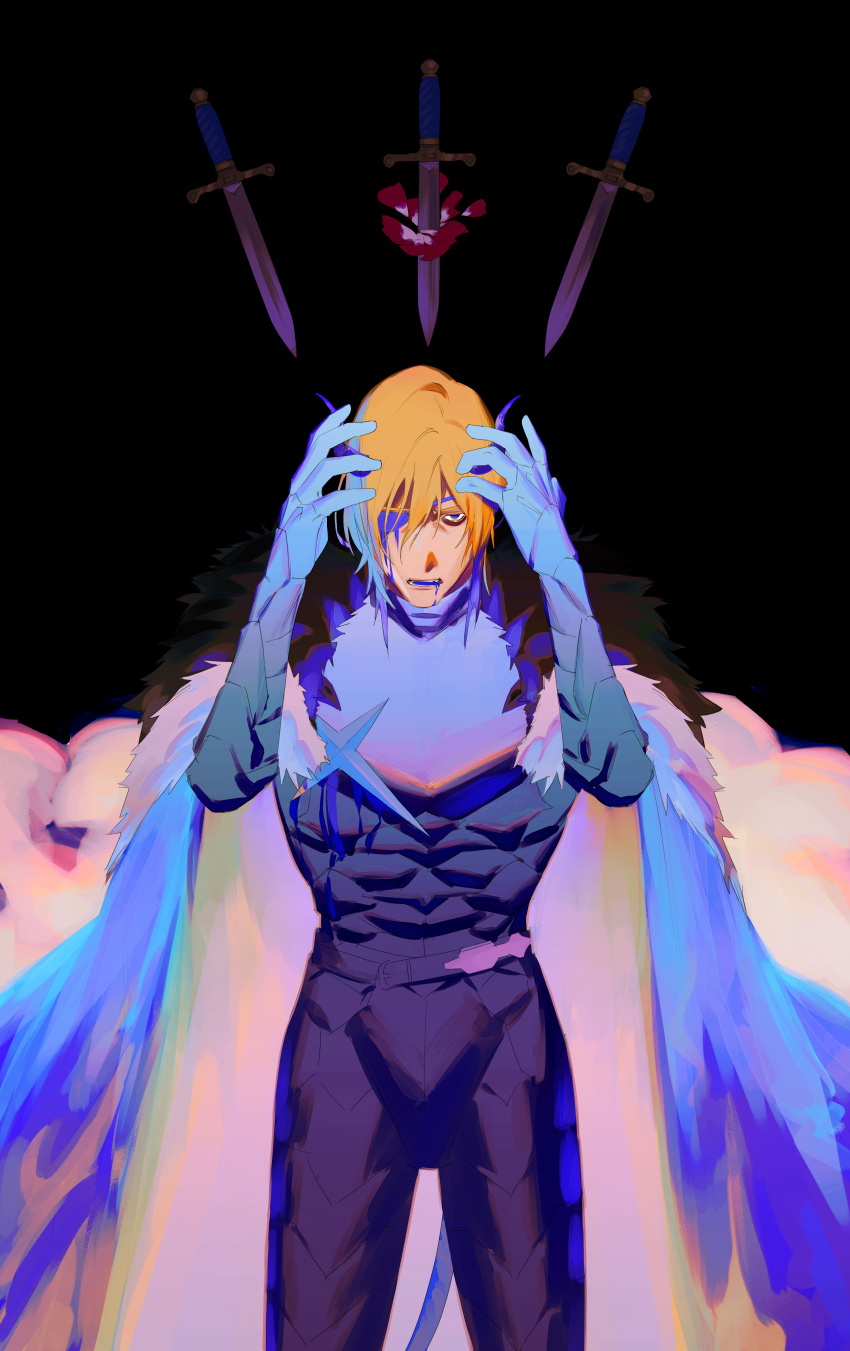 absurdres, arms_up, black_background, blonde_hair, blue_cape, blue_eyes, cape, dagger