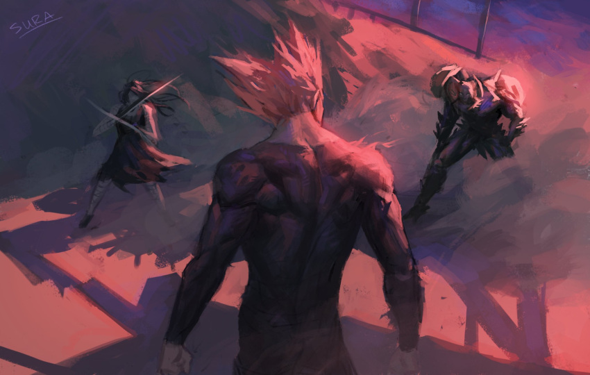 arthropod_boy, back, back_muscles, back_turned, blade_arm, from_behind, garou_(one-punch_man), highres