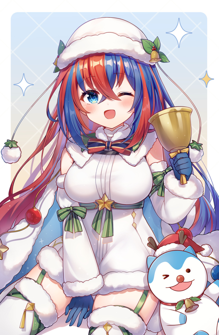 1girl, 1other, absurdres, alear_(female)_(fire_emblem), alear_(female)_(gifted_dragons)_(fire_emblem), alear_(fire_emblem), antlers, bell, blue_eyes, blue_gloves, blue_hair, breasts, christmas, crossed_bangs, deer_antlers, fake_antlers, fire_emblem, fire_emblem_engage, fire_emblem_heroes, fur-trimmed_headwear, fur_trim, fur_wrist_cuffs, gloves, hair_between_eyes, hat, heterochromia, highres, holding, holding_bell, horns, large_breasts, long_hair, looking_at_viewer, mikasa-01, multicolored_hair, official_alternate_costume, red_eyes, redhead, santa_costume, santa_hat, smile, sommie_(fire_emblem), split-color_hair, two-tone_hair, very_long_hair, wrist_cuffs