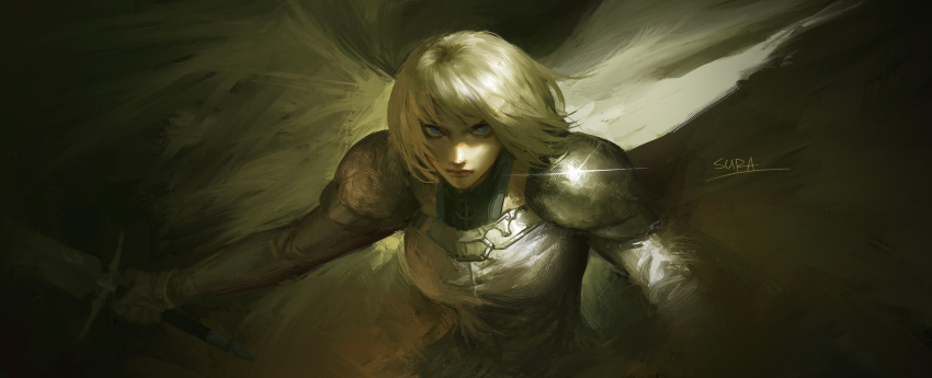 1girl, absurdres, angel_wings, armor, blonde_hair, blue_eyes, cape, clare_(claymore)