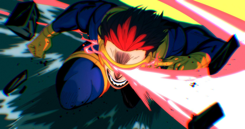 1boy, blue_bodysuit, bodysuit, brown_hair, cyclops_(x-men), gloves, head-mounted_display, highres, male_focus, marvel, mask, muscular, muscular_male, nodowdy, simple_background, solo, superhero_costume, teeth, x-men, yellow_gloves
