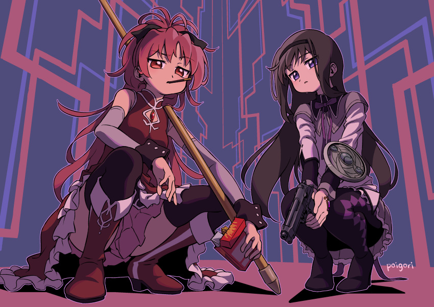 2girls, absurdres, akemi_homura, alley, antenna_hair, argyle_clothes, argyle_footwear, artist_name