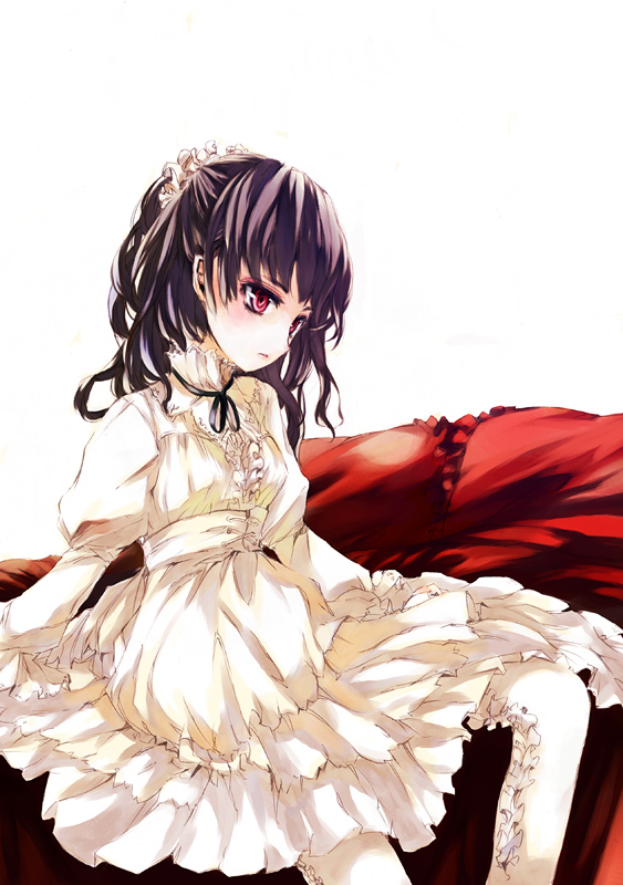 face, gothic_lolita, headdress, lolita_fashion, okome, purple_hair, red_eyes, shunsei_(muratou), sitting, solo