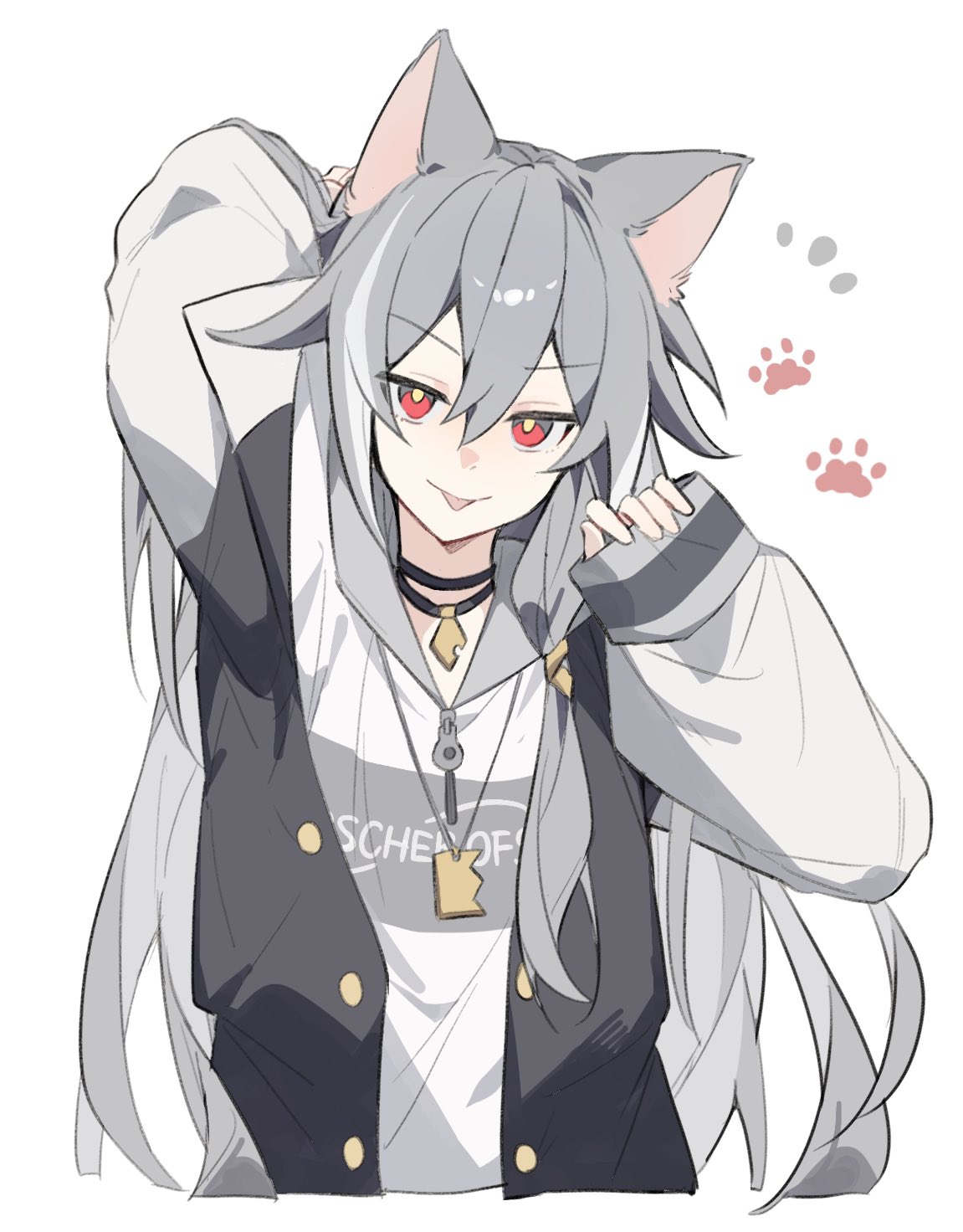 1girl, alternate_costume, animal_ears, black_choker, cat_ears, cat_girl, choker, commentary, cropped_torso, fu_hua, fu_hua_(herrscher_of_sentience), grey_hair, grey_hoodie, highres, honkai_(series), honkai_impact_3rd, hood, hoodie, jacket, long_hair, looking_at_viewer, multicolored_clothes, multicolored_hair, multicolored_jacket, nonaa4141, paw_print, red_eyes, shirt, simple_background, sleeves_past_wrists, solo, streaked_hair, symbol-only_commentary, tongue, tongue_out, two-tone_hair, two-tone_jacket, upper_body, white_background, white_shirt