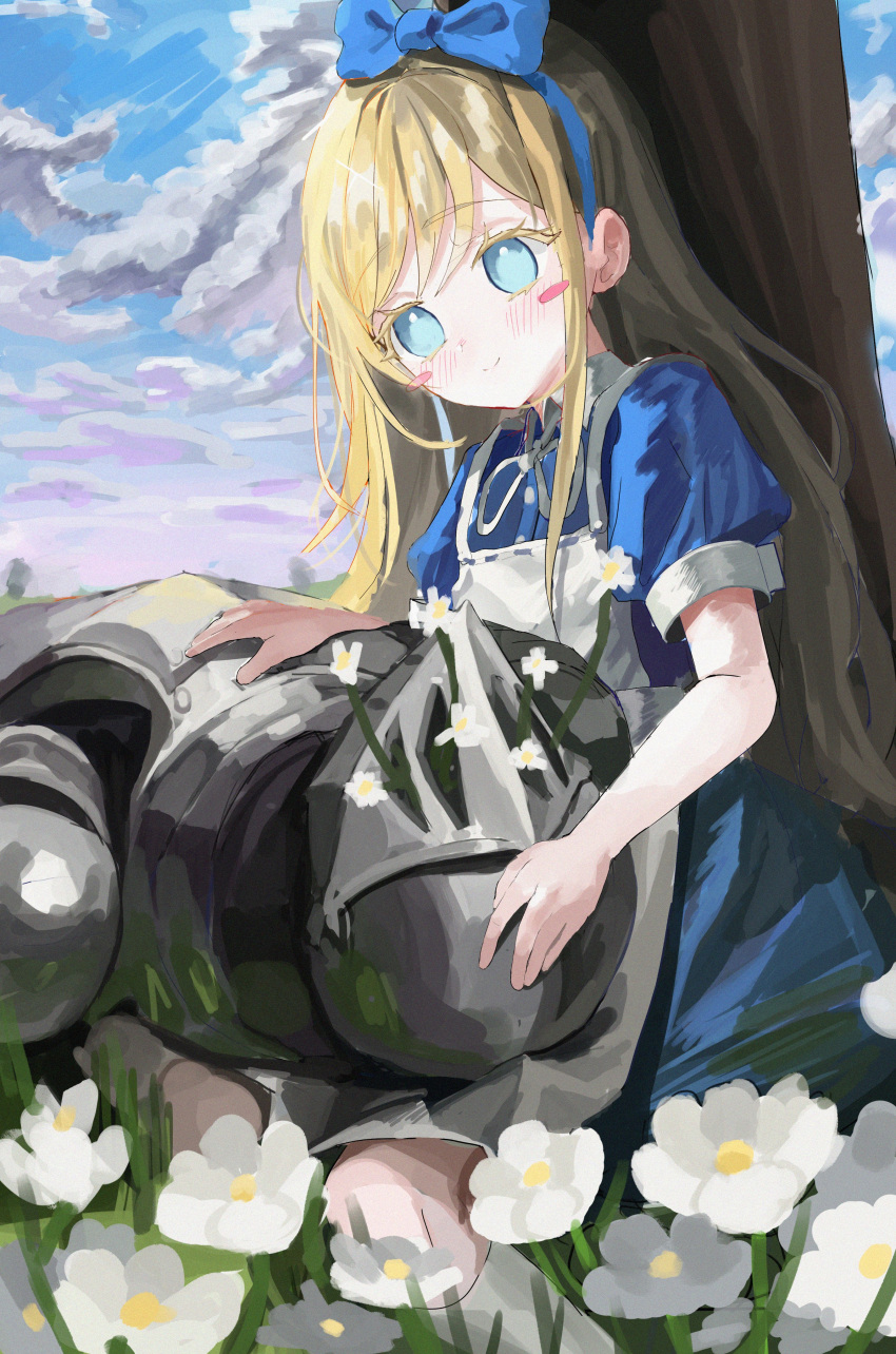 1boy, 1girl, absurdres, against_tree, alice_(black_souls), apron, armor, black_souls
