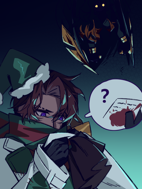 1boy, 1girl, black_gloves, bladed_tonfa, bodysuit, brown_hair, e.g.o_(project_moon), gloves, green_bodysuit, green_hat, green_scarf, hat, heathcliff_(project_moon), holding, holding_sack, holiday_(e.g.o), ishmael_(project_moon), limbus_company, long_hair, looking_down, mercuryhx, orange_hair, parted_bangs, project_moon, sack, scarf, very_long_hair, violet_eyes, wingbeat_(e.g.o)