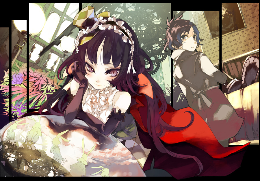 bare_shoulders, blush, bunny, copyright_request, elbow_gloves, face, flower, gears