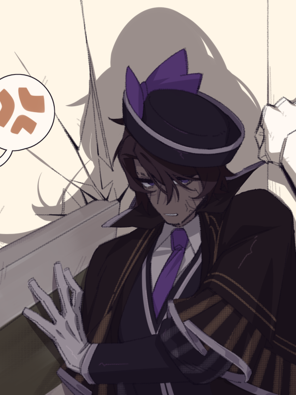 anger_vein, black_hat, bow, brown_capelet, brown_hair, capelet, greatsword, hair_bow, hat, heathcliff_(project_moon), ishmael_(project_moon), kabedon, limbus_company, long_hair, looking_at_viewer, mercuryhx, necktie, open_mouth, oufi_association_(identity)_(project_moon), ponytail, project_moon, purple_bow, purple_necktie, simple_background, spoken_anger_vein, sword, sword_in_wall, very_long_hair, violet_eyes, weapon, white_background, zwei_association_(identity)_(project_moon)