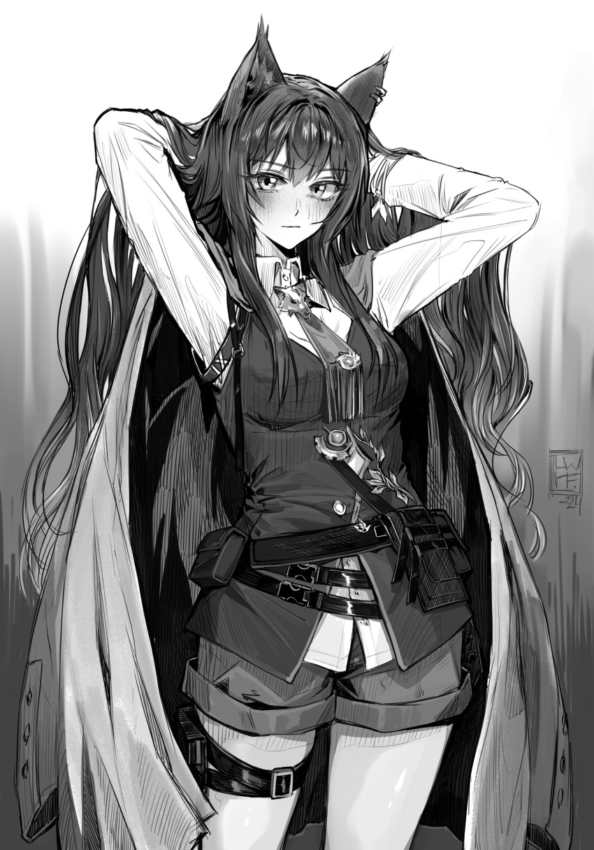 1girl, absurdres, animal_ears, arknights, belt, black_hair, earrings, greyscale, highres, jewelry, long_hair, long_sleeves, looking_at_viewer, luuwruf, monochrome, pouch, shorts, solo, texas_(arknights), thigh_belt, thigh_strap, wolf_ears, wolf_girl, wolf_ornament