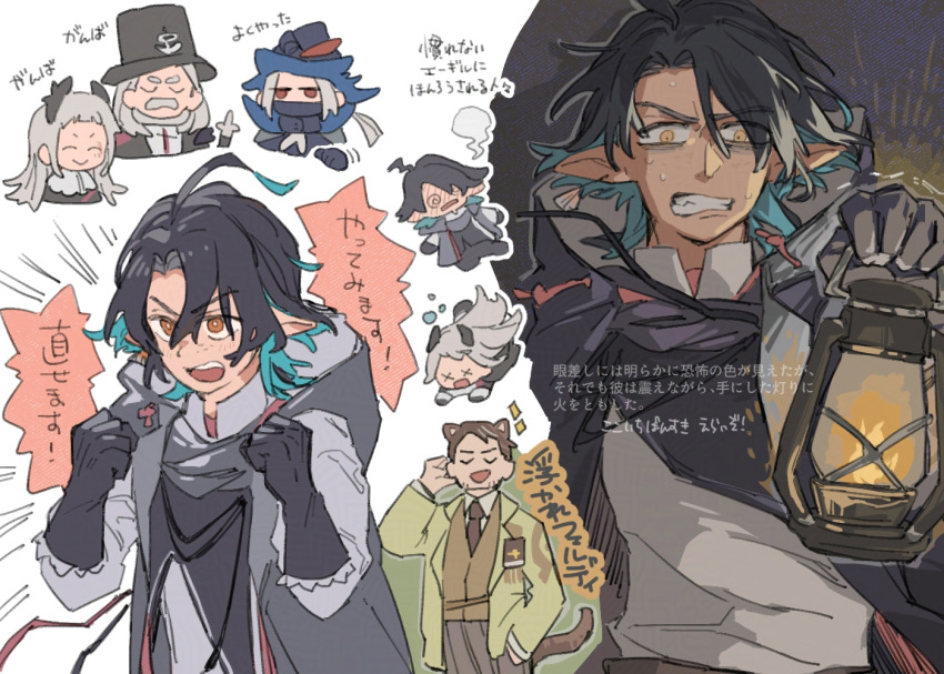 1girl, 4boys, @_@, ahoge, arknights, black_hair, blush, carmen_(arknights)
