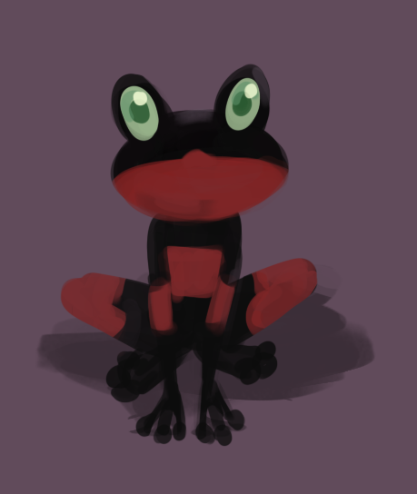 animal_focus, commentary_request, duke_(sugar_sugar_rune), frog, full_body, green_eyes, korean_commentary, looking_at_viewer, nl_nj, purple_background, shadow, simple_background, sugar_sugar_rune