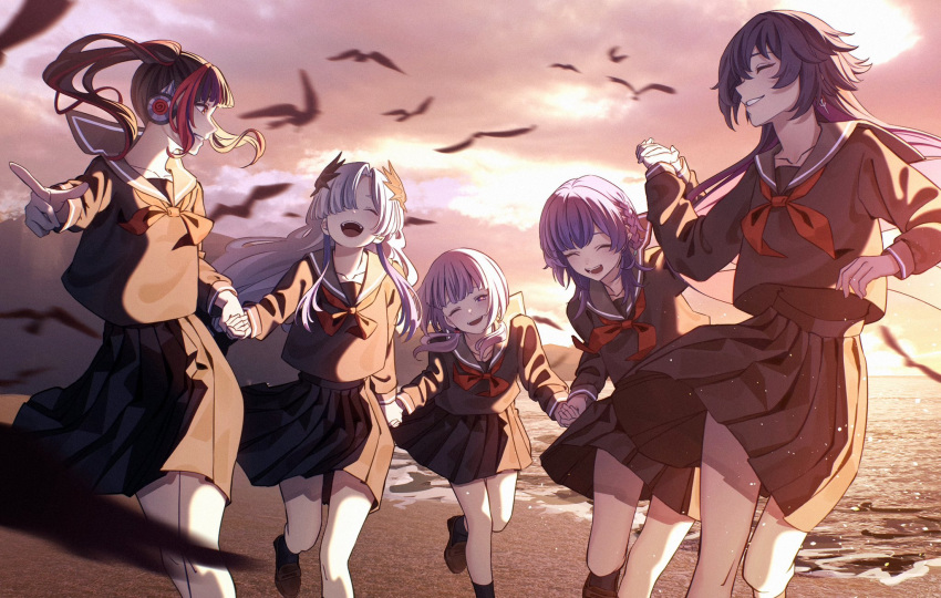 5girls, amber589lily, angel_wings_hair_ornament, asymmetrical_bangs, beach, bird, black_hair, black_sailor_collar