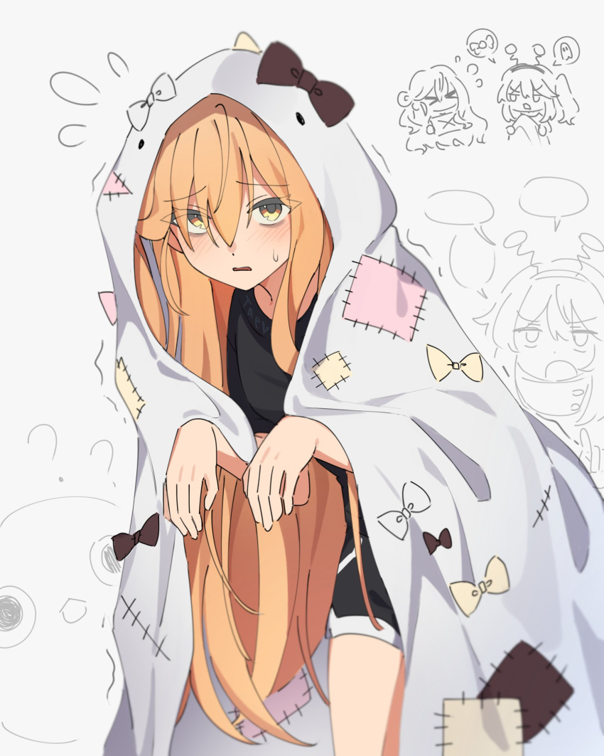 1girl, absurdres, alternate_costume, black_shirt, black_shorts, black_survival, blanket, casual