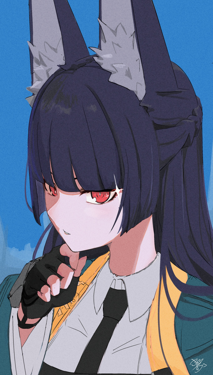 1girl, absurdres, animal_ear_fluff, animal_ears, black_gloves, black_hair, black_necktie, blue_background