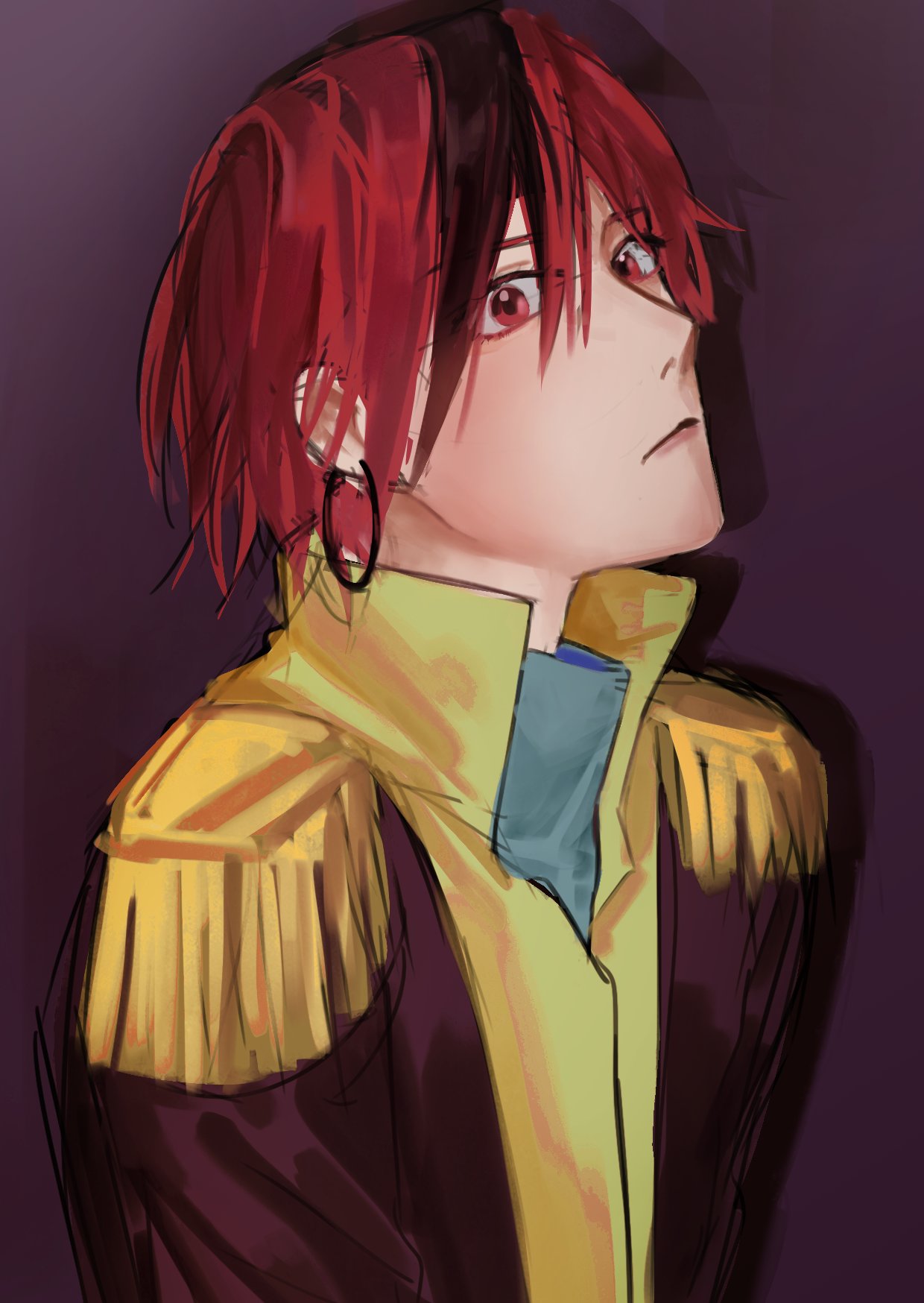 1boy, closed_mouth, coat, commentary_request, earrings, epaulettes, hair_between_eyes, high_collar