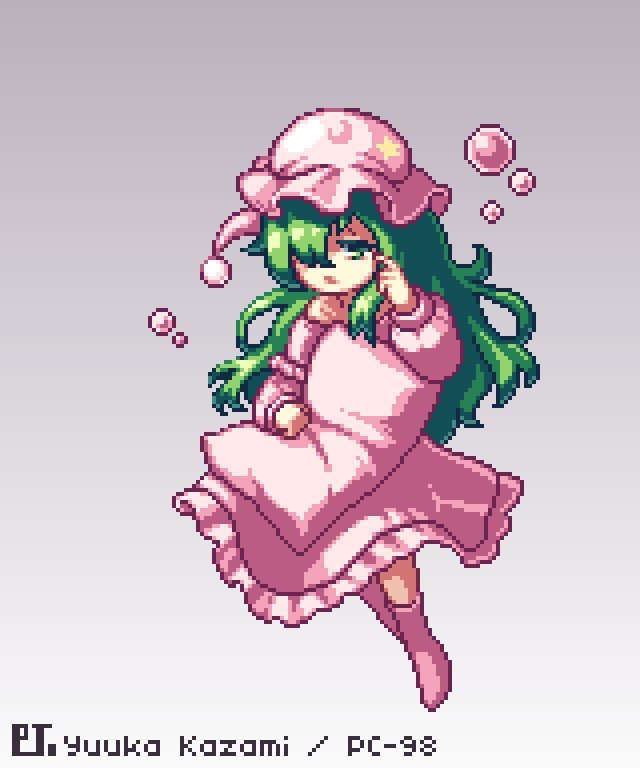 1girl, bubble, character_name, dress, frilled_dress, frilled_hat, frilled_nightgown, frills