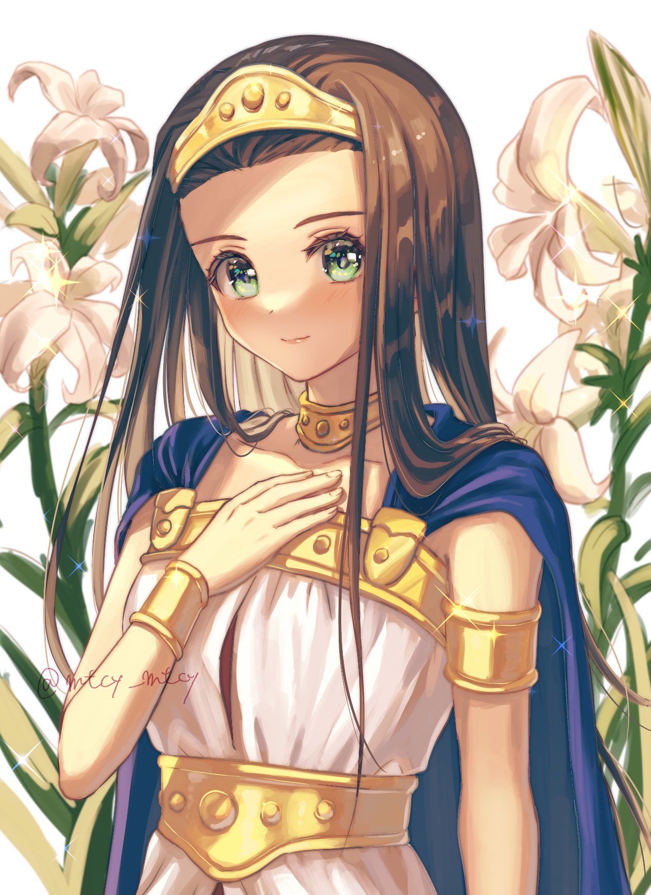1girl, artist_name, blue_cape, brown_hair, cape, closed_mouth, commentary_request, dragon_quest