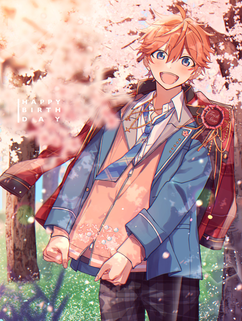 1boy, absurdres, ahoge, black_pants, blue_eyes, blue_jacket, blue_necktie, blurry