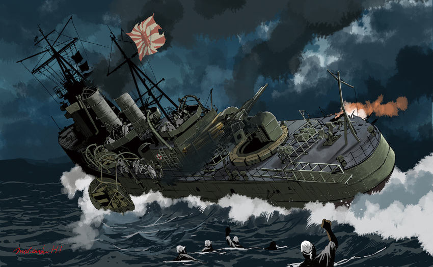 6+boys, artist_name, boat, commentary, destroyer, fire, imperial_japanese_navy, matsuda_juukou