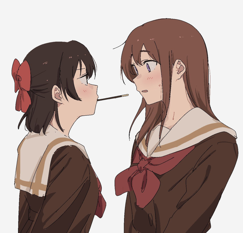 2girls, black_hair, blush, bow, brown_hair, eye_contact, food, food_in_mouth