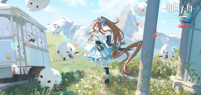 1girl, :d, absurdres, animal_ears, arknights, arm_up, bell, black_footwear