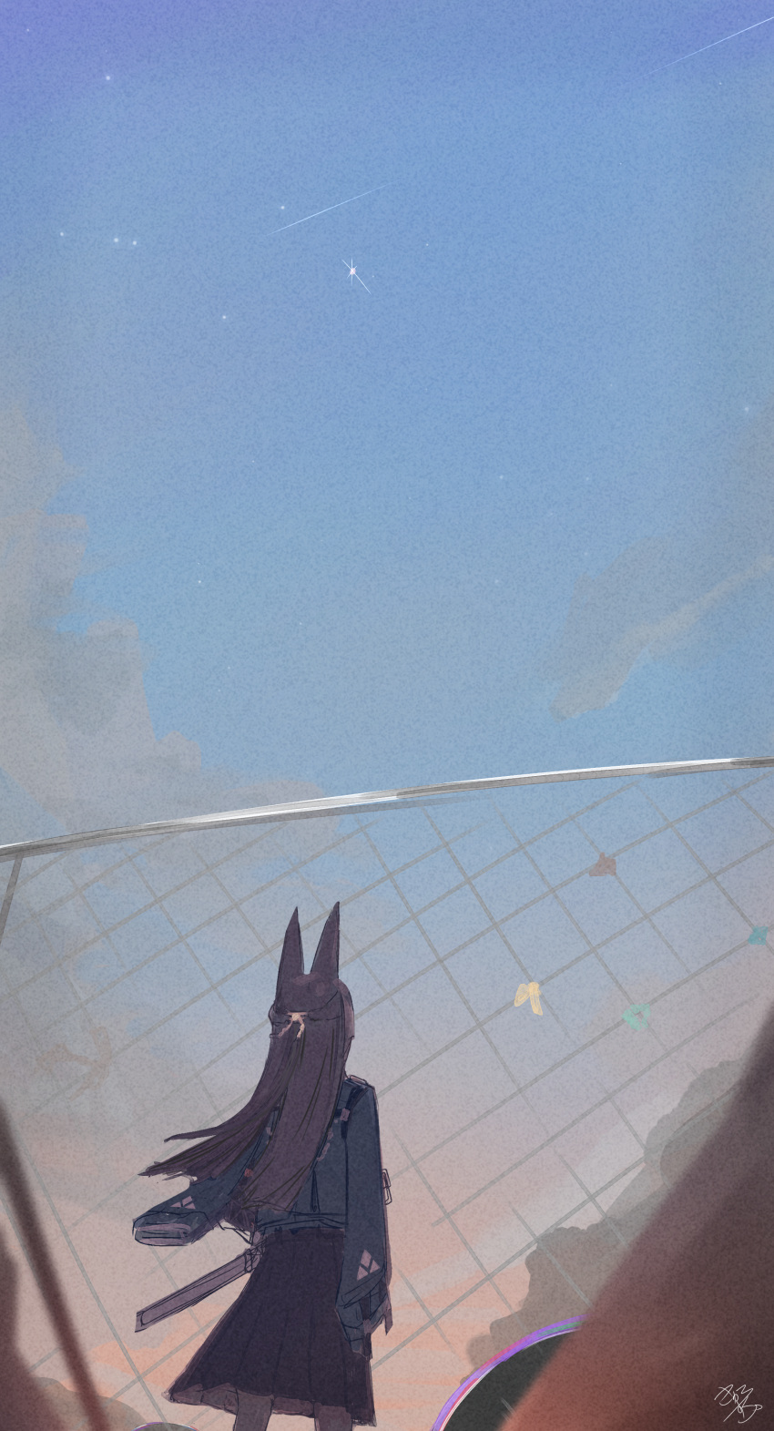 1girl, absurdres, animal_ears, black_skirt, blue_sky, clouds, cowboy_shot, fence