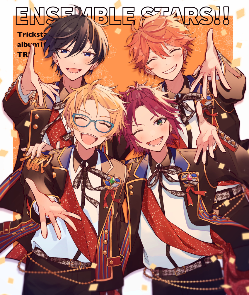 4boys, absurdres, akehoshi_subaru, black_hair, black_jacket, black_ribbon, blonde_hair, blue-framed_eyewear
