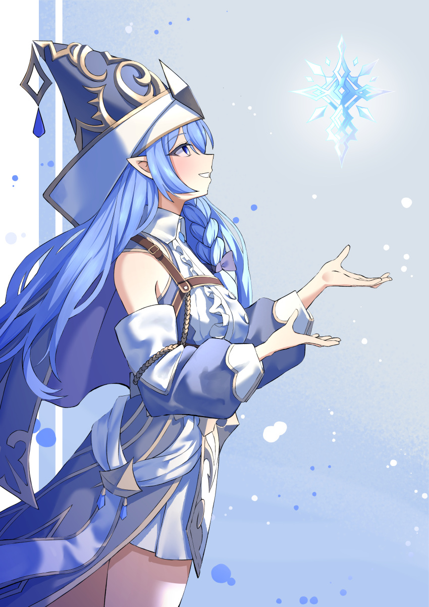 1girl, absurdres, blue_dress, blue_eyes, blue_hair, braid, breast_strap, breasts