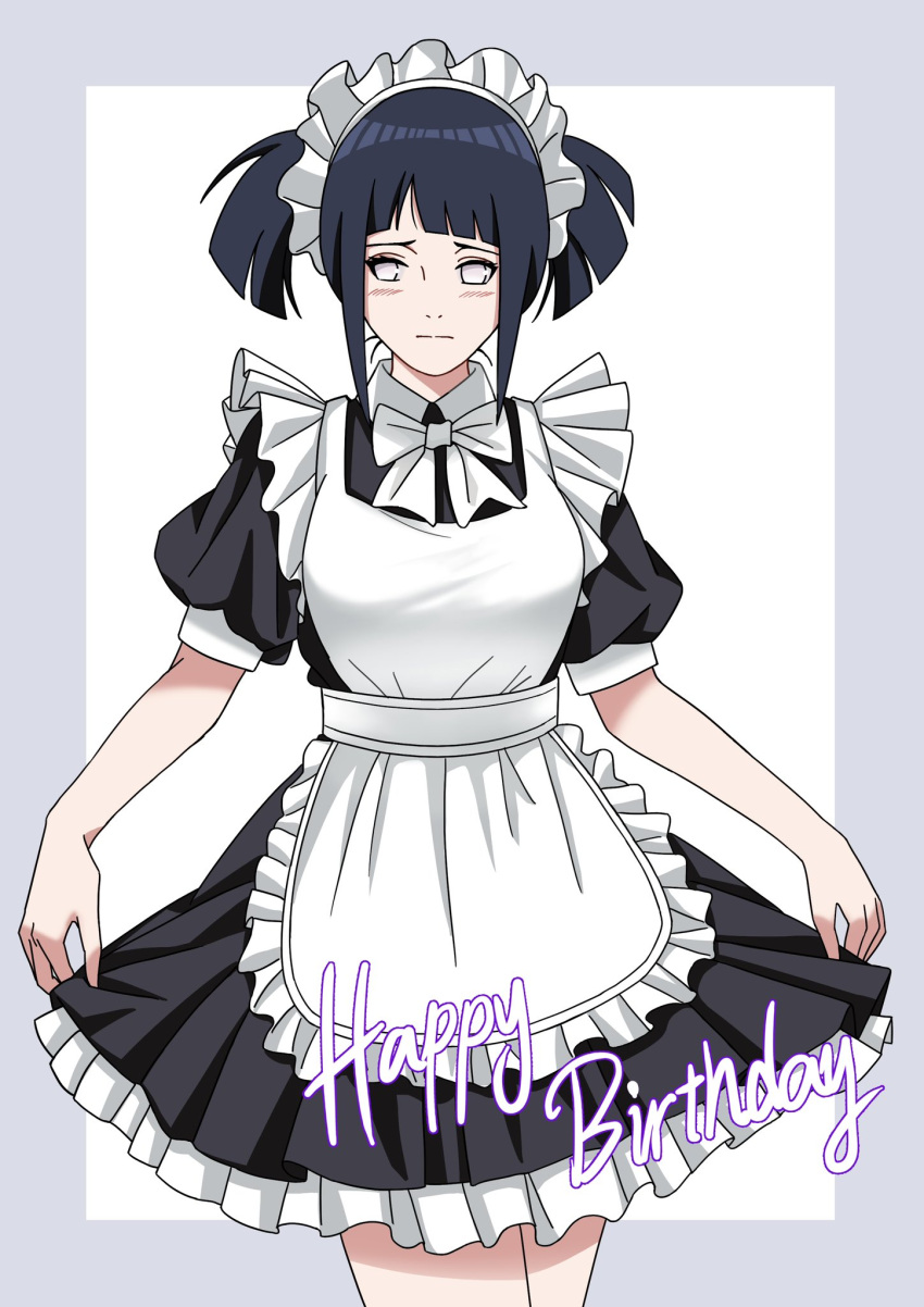1girl, apron, black_dress, black_hair, blush, border, breasts, commentary, cowboy_shot, dress, english_commentary, grey_border, happy_birthday, highres, hyuuga_hinata, large_breasts, maid, maid_headdress, medium_hair, naruto_(series), naruto_shippuuden, simple_background, solo, symbol-only_commentary, twintails, weibinln, white_apron, white_background, white_hair