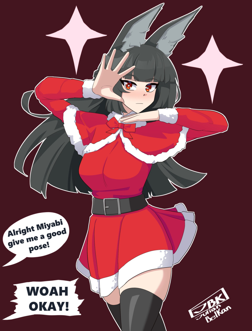 1girl, absurdres, animal_ear_fluff, animal_ears, belt, black_belt, black_hair, blunt_bangs, capelet, closed_mouth, cowboy_shot, fox_ears, fox_girl, highres, hoshimi_miyabi, julian_belkan, long_hair, looking_at_viewer, red_capelet, red_eyes, santa_costume, sidelocks, simple_background, solo, zenless_zone_zero