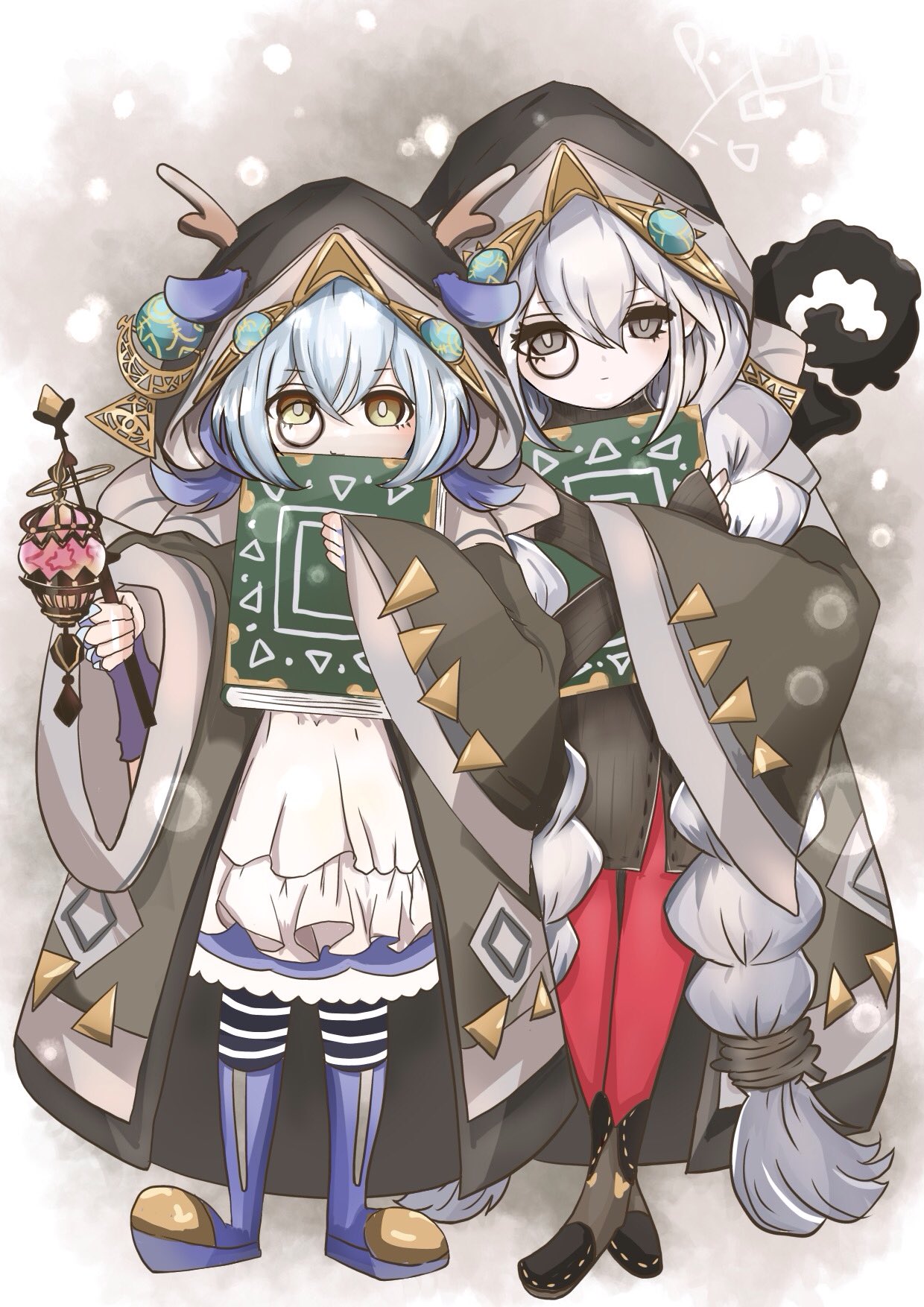 2girls, astellar_of_the_white_forest, astellar_of_the_white_forest_(cosplay), blue_hair, book, coat, cosplay, diabellstar_the_black_witch, dragon_horns, duel_monster, expressionless, full_body, highres, holding, holding_book, hood, horns, lantern, laundry_dragonmaid, looking_at_viewer, maid, md_yoru, monocle, multiple_girls, pantyhose, staff, standing, wa_maid, white_hair, yellow_eyes, yu-gi-oh!