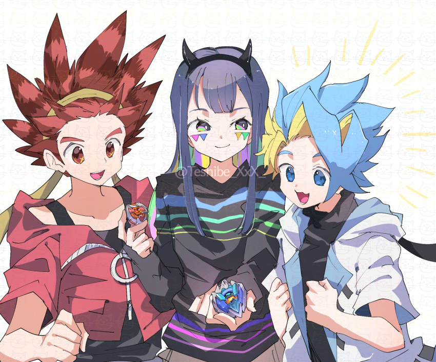 1girl, 2boys, beyblade, beyblade_(object), beyblade_x, black_hair, black_shirt, blonde_hair