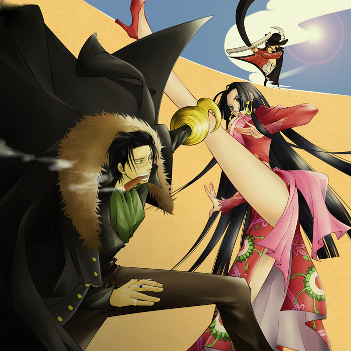 2boys, beard, black_hair, blood, blue_eyes, boa_hancock, cigar, desert, dracule_mihawk, earrings, facial_hair, female, fight, fighting, hat, high_heels, hook, hook_hand, huge_weapon, jacket, jewelry, katana, kicking, long_hair, long_legs, male, multiple_boys, mustache, one-eyed, one_piece, open_clothes, open_mouth, open_shirt, ring, rings, roronoa_zoro, running, s-salt, scar, shichibukai, shoes, sir_crocodile, smoking, standing, sword, weapon