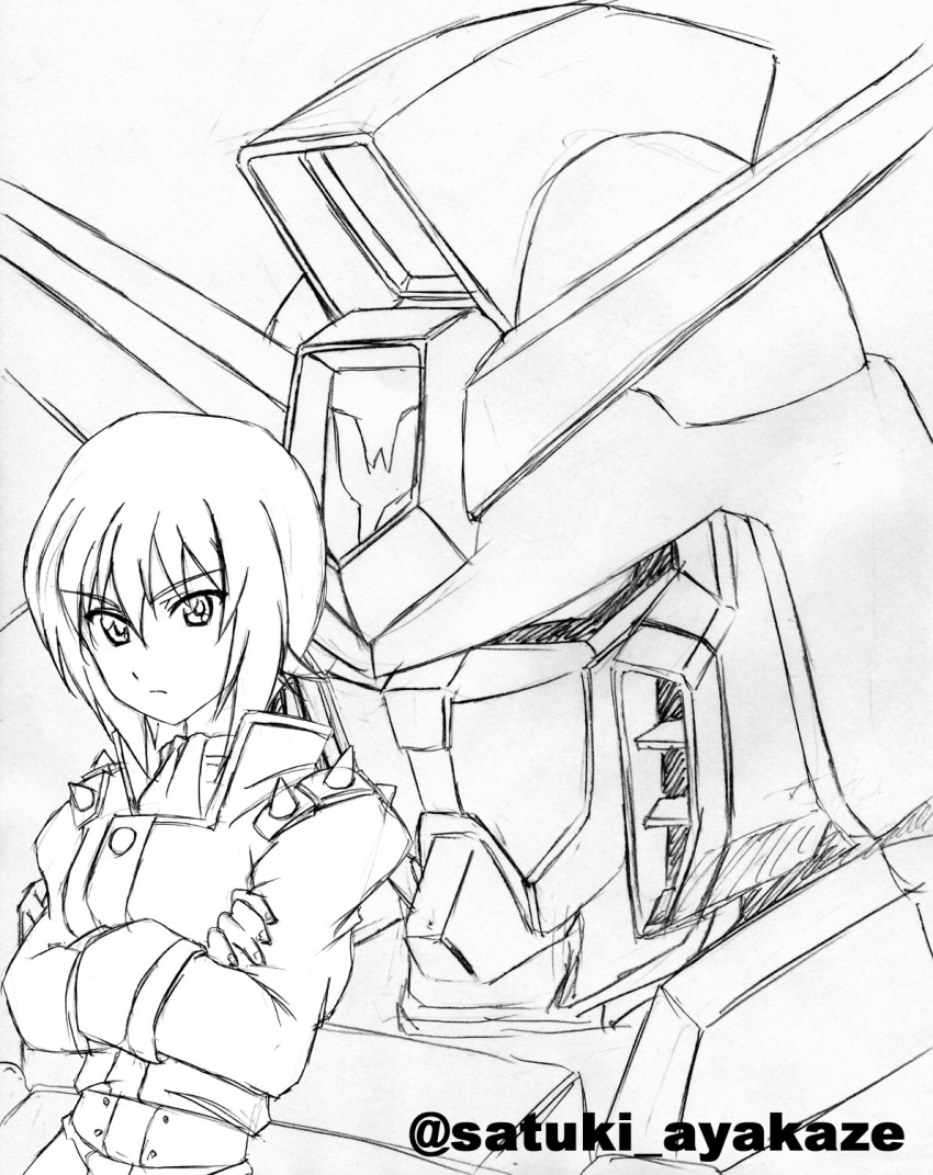 1girl, ayakaze_satsuki, belt, cosplay, crossed_arms, g_gundam, girls_und_panzer, greyscale