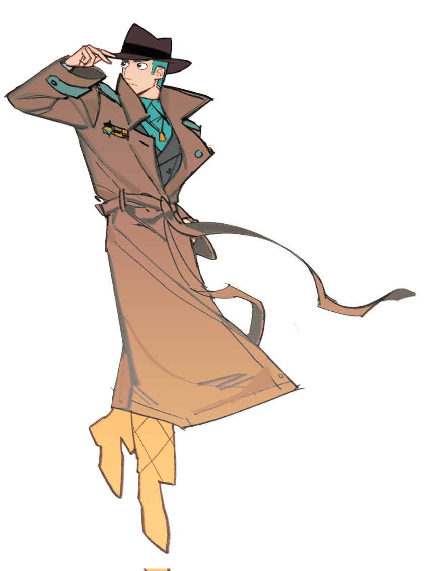 1boy, aqua_shirt, belt, brown_belt, brown_coat, chi_zhenjiao, coat, collared_shirt