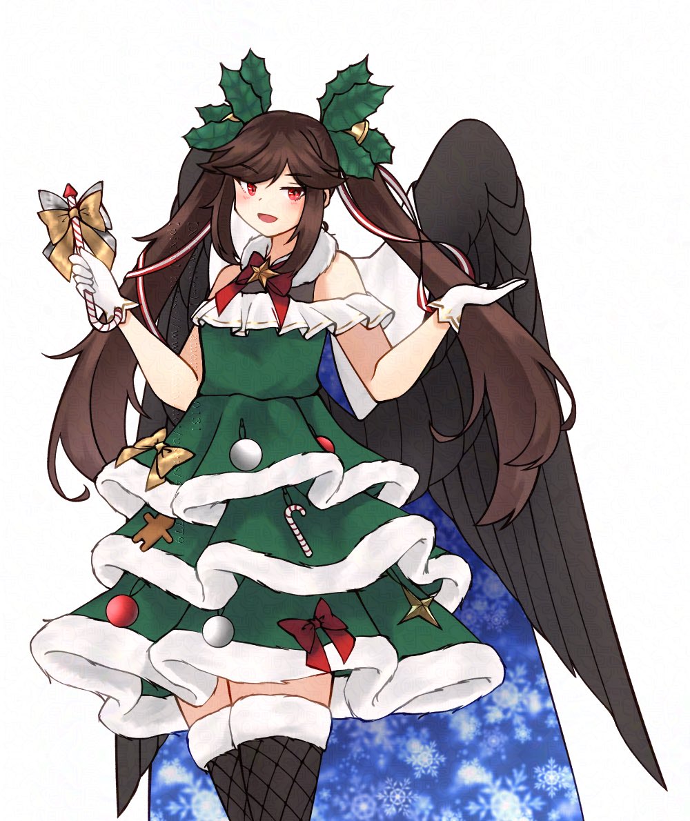 1girl, alternate_costume, alternate_hairstyle, black_thighhighs, black_wings, blush, candy, candy_cane, cape, christmas, commentary_request, cosmos_0131, dress, food, fur_trim, gloves, green_dress, hair_ornament, holly_hair_ornament, long_hair, looking_at_viewer, open_mouth, red_eyes, reiuji_utsuho, sidelocks, simple_background, smile, snowflake_print, solo, star_(symbol), thigh-highs, touhou, twintails, white_background, white_gloves, wings