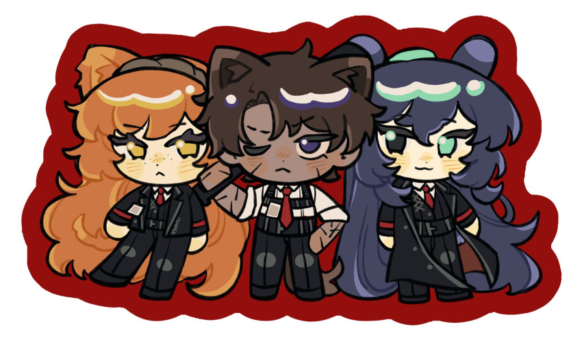 1girl, 2boys, animal_ears, aqua_eyes, belt, black_belt, black_eyes, black_hair