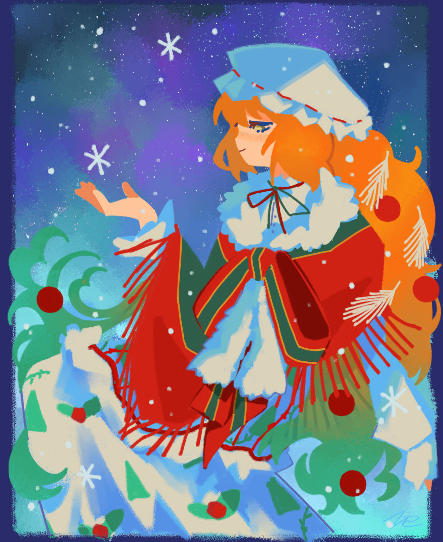 1girl, blush, bow, capelet, christmas_nightmare_(e.g.o), christmas_ornaments, dress, freckles, fringe-trimmed_capelet, fur-trimmed_capelet, fur_trim, green_eyes, hand_up, hat, ishmael_(project_moon), kellllerrs, limbus_company, long_dress, long_hair, looking_down, mob_cap, neck_ribbon, orange_hair, print_dress, project_moon, ribbon, ribbon-trimmed_hat, sitting, sky, smile, snow, solo, star_(sky), starry_sky, very_long_hair, white_dress, white_hat
