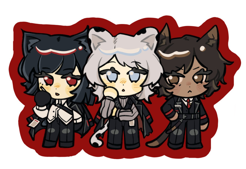 3girls, :<, animal_ears, black_hair, black_jacket, black_vest, blue_eyes, brown_eyes