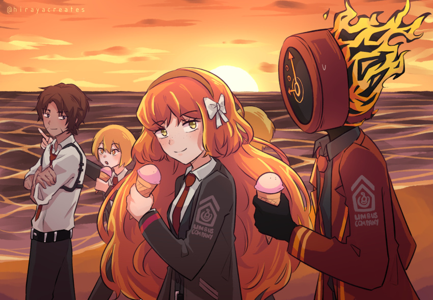 1boy, 1other, 2girls, backlighting, beach, belt, black_belt, black_pants