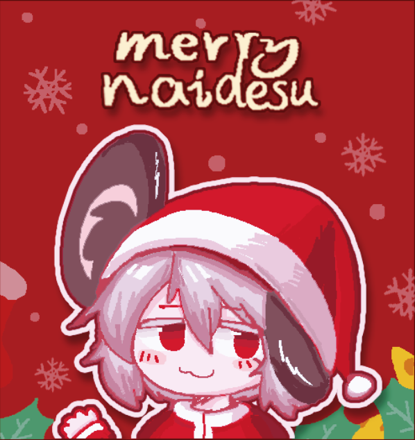 1girl, :3, alternate_costume, animal_ear_fluff, animal_ears, blush, chibi, christmas, closed_mouth, cookie_(touhou), freezemo, fur-trimmed_headwear, fur_trim, grey_hair, hat, long_sleeves, looking_at_viewer, merry_christmas, mouse_ears, mouse_girl, nazrin, nyon_(cookie), pom_pom_(clothes), red_eyes, red_hat, santa_hat, short_hair, smile, snowflakes, solo, touhou, upper_body
