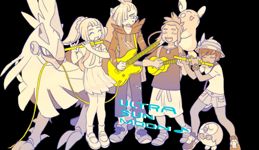 2boys, 2girls, alolan_raichu, alternate_costume, bag, bass_guitar, black_background, bracelet