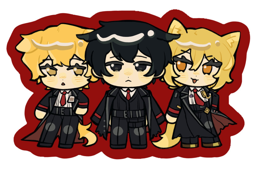 1girl, 2boys, :3, animal_ears, belt, black_belt, black_coat, black_eyes