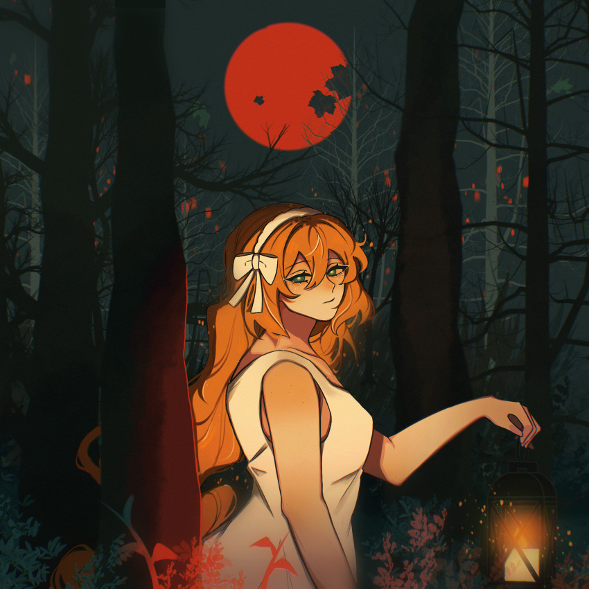 1girl, bare_tree, black_sky, body_freckles, bow, dark, dress, forest